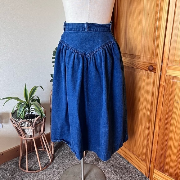 Vintage Small Denim Midi Length Skirt Pockets Modest Prairie Cottage-core Casual - Picture 4 of 7